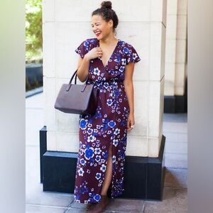 Banana Republic Women's Floral Bordeaux Maxi Short Sleeve Dress Size M